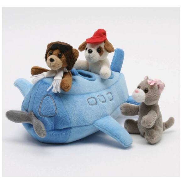 NEW Unipak Designs 10” Airplane Plush Holder With 3 Finger Animal Pilot Puppets - Picture 1 of 13